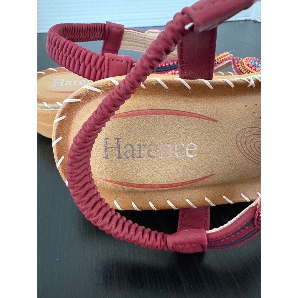 Harence WomensT-Strap Sandals Size 6.5-7 Burgundy Red Beaded Boho Slingback Flat - Picture 5 of 13
